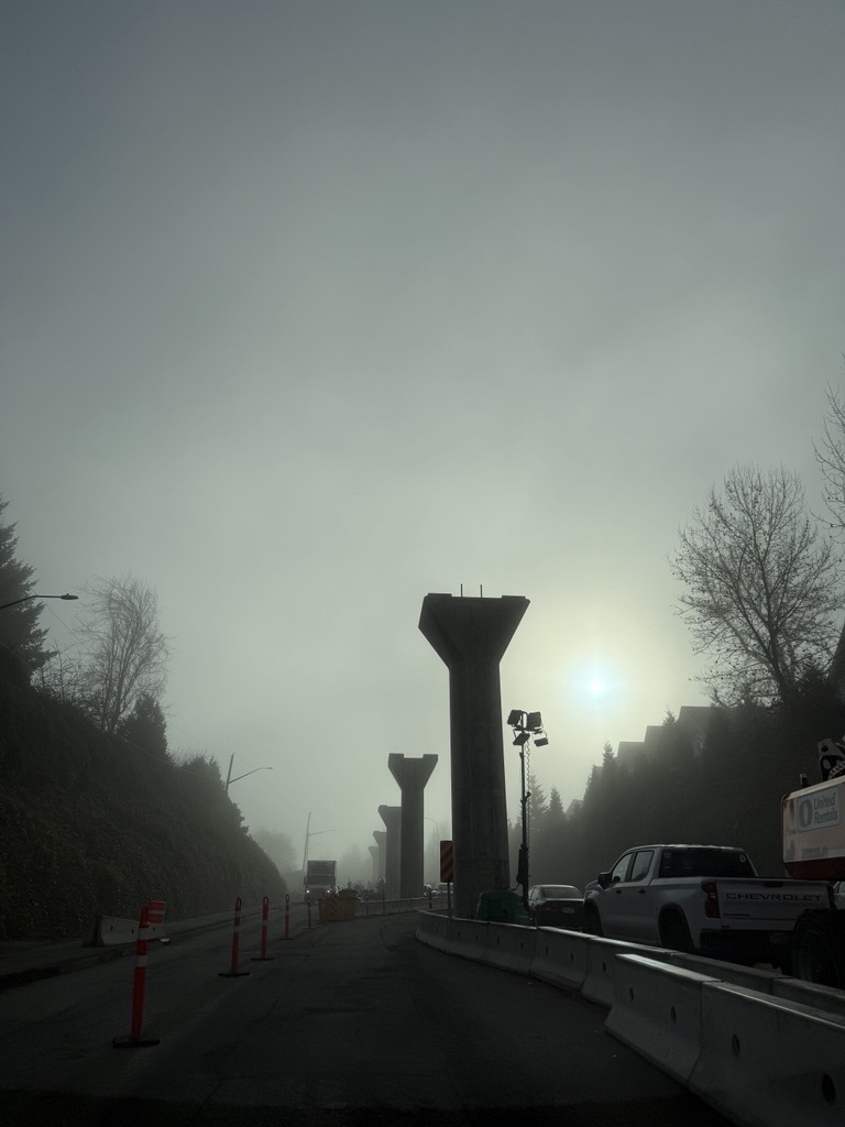 Concrete tulip columns in the fog along Fraser Highway just east of Highway 15.