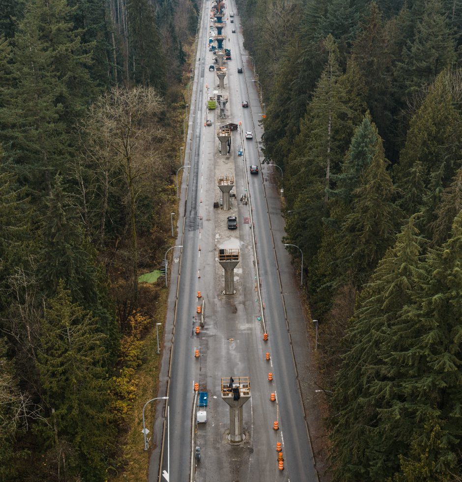 Completed concrete tulip columns on Fraser Highway through Green Timbers Urban Forest.